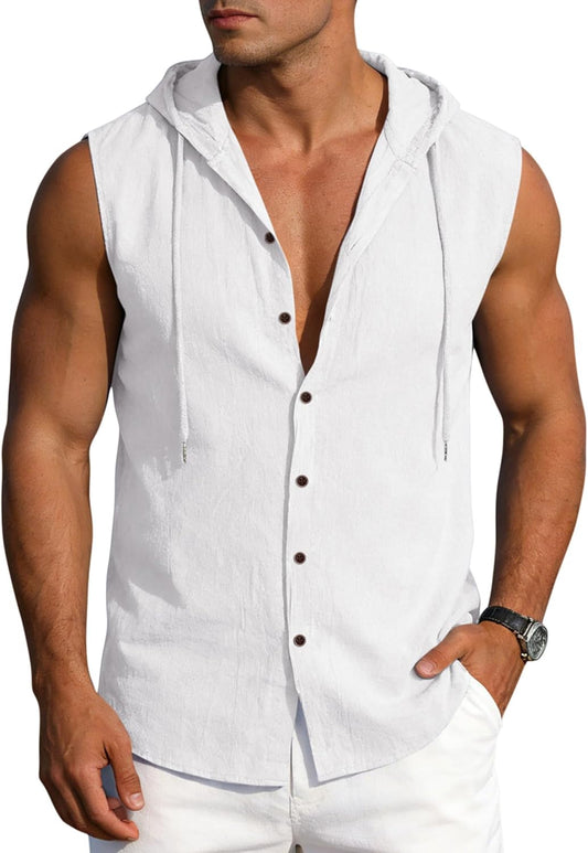Men's Linen Sleeveless Hooded Button Tank Top, Lightweight Casual Summer Beach Wear