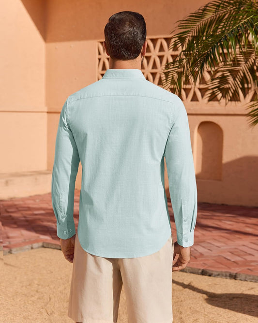 Men's Linen Textured Long Sleeve Shirt, Solid Cotton Regular Fit Button Down Shirt, Casual for Summer, Beach and Wedding Wear