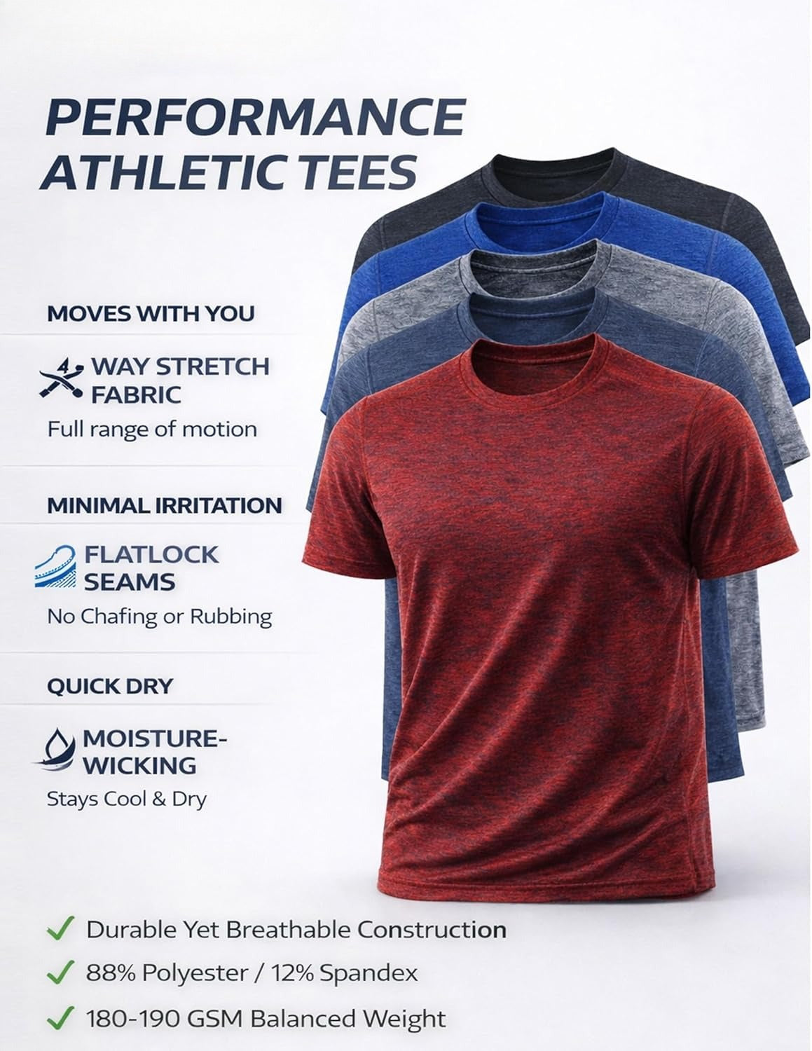 5 Pack Men's Quick Dry Crew Neck Short Sleeve Tops, Casual Sports Tees for Fitness Running        Can you recommend some other activewear items for men? Do you have any suggestions for men's workout shoes to go with these tops? Are there any specific