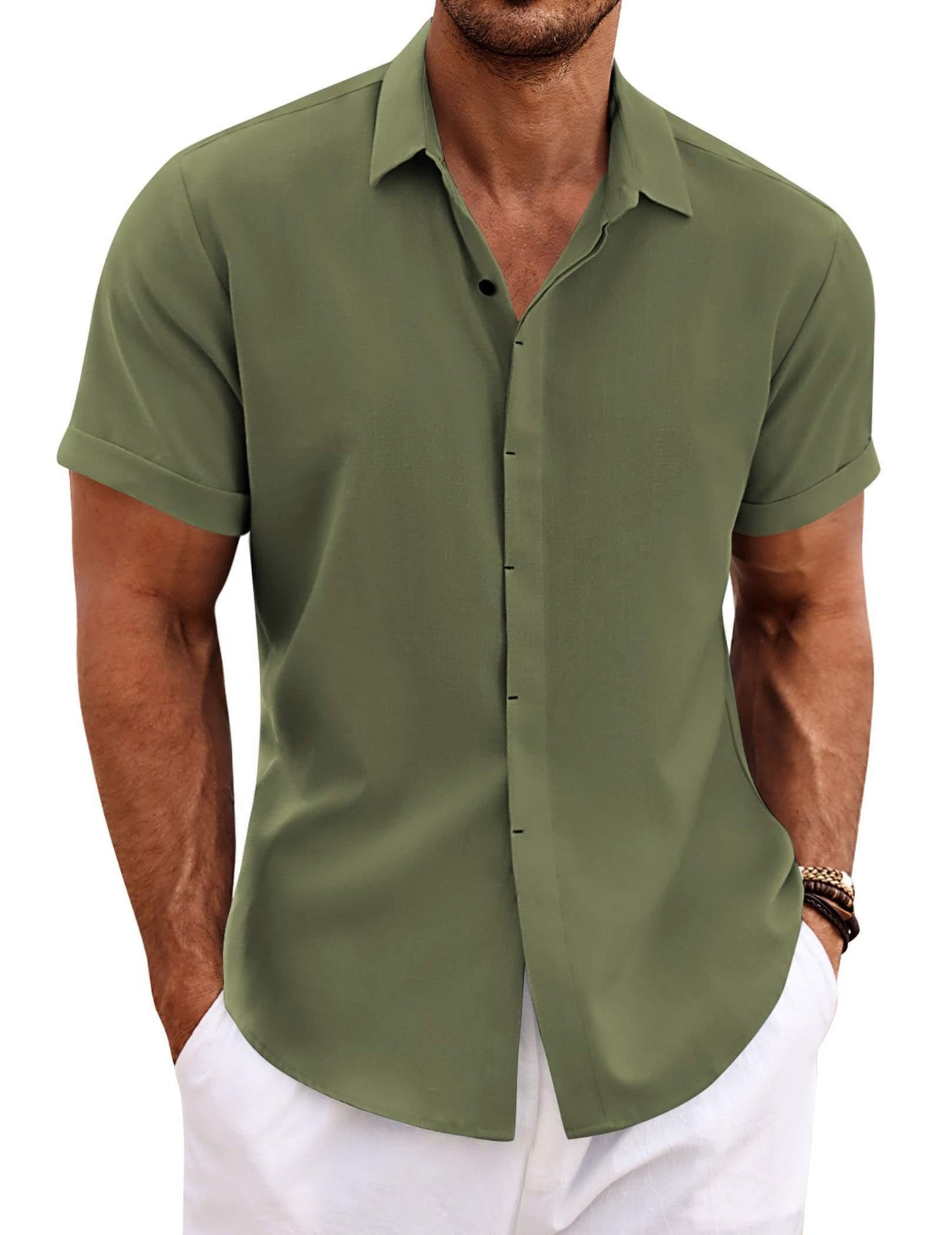 Men's Linen Shirts Short Sleeve Casual Shirts Button Down Shirt for Men Beach Summer Wedding Shirt