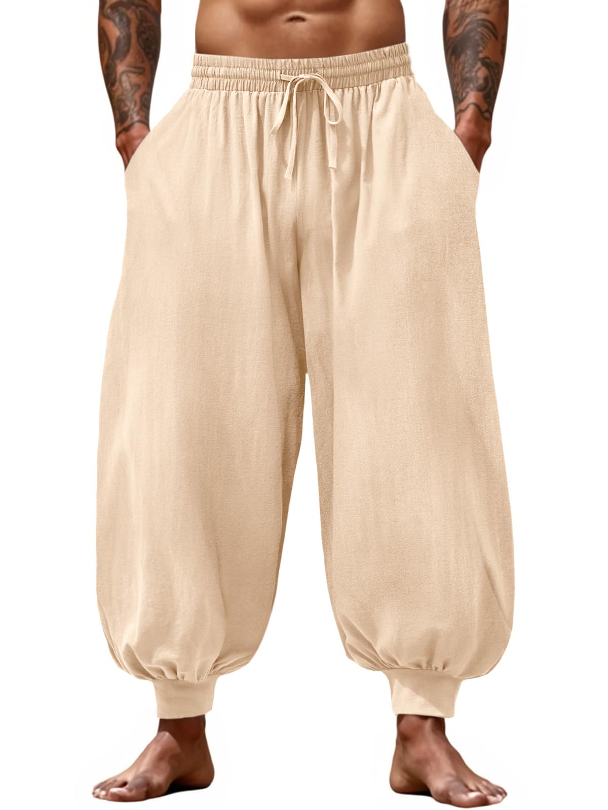Men's Cotton Linen Harem Pants, Elastic Waist with Drawstring, Loose Casual Trousers for Yoga, Beach and Daily Wea