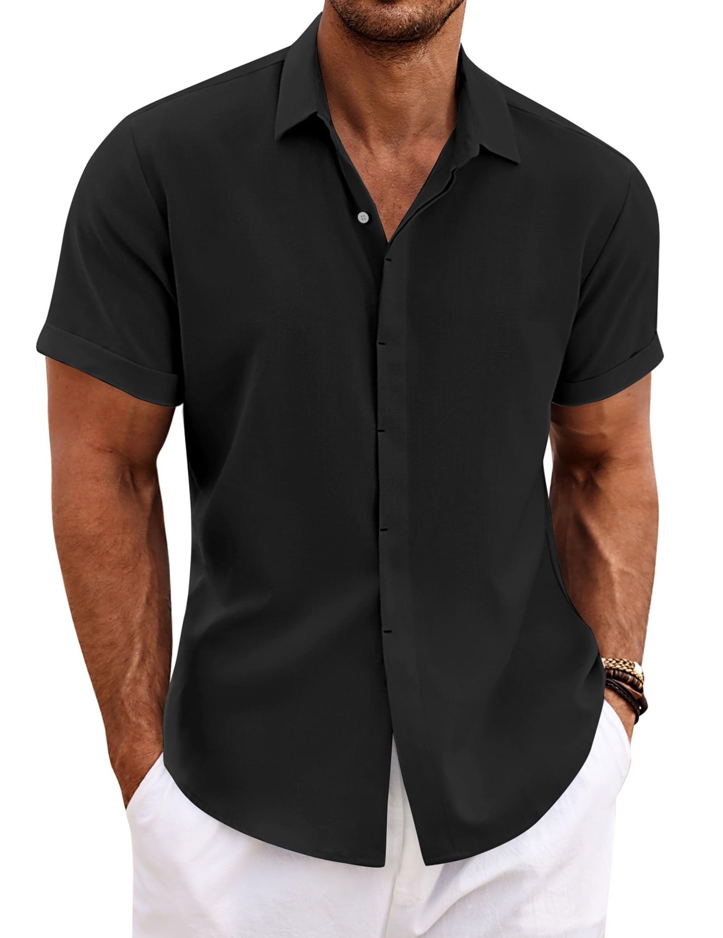 Men's Linen Shirts Short Sleeve Casual Shirts Button Down Shirt for Men Beach Summer Wedding Shirt