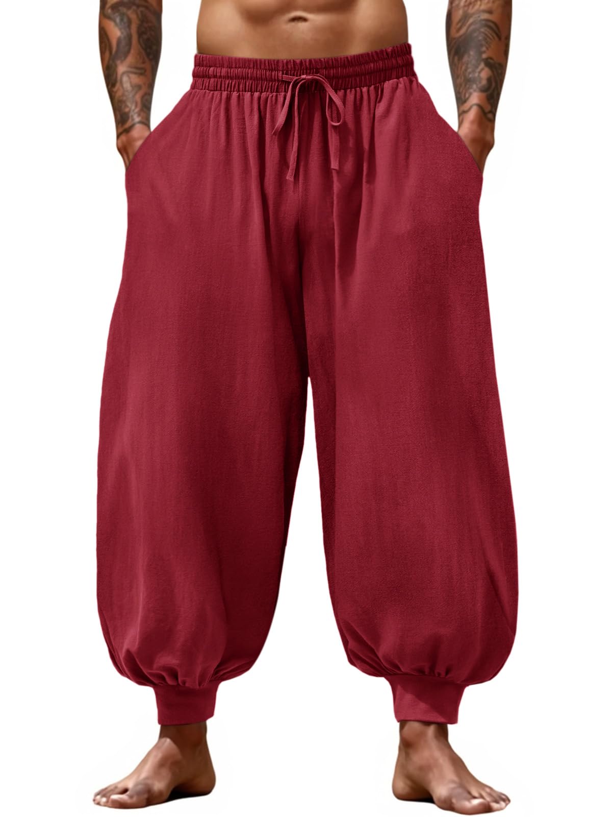 Men's Cotton Linen Harem Pants, Elastic Waist with Drawstring, Loose Casual Trousers for Yoga, Beach and Daily Wea