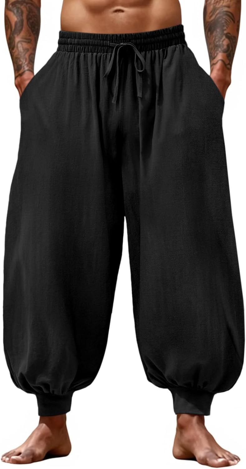 Men's Cotton Linen Harem Pants, Elastic Waist with Drawstring, Loose Casual Trousers for Yoga, Beach and Daily Wea