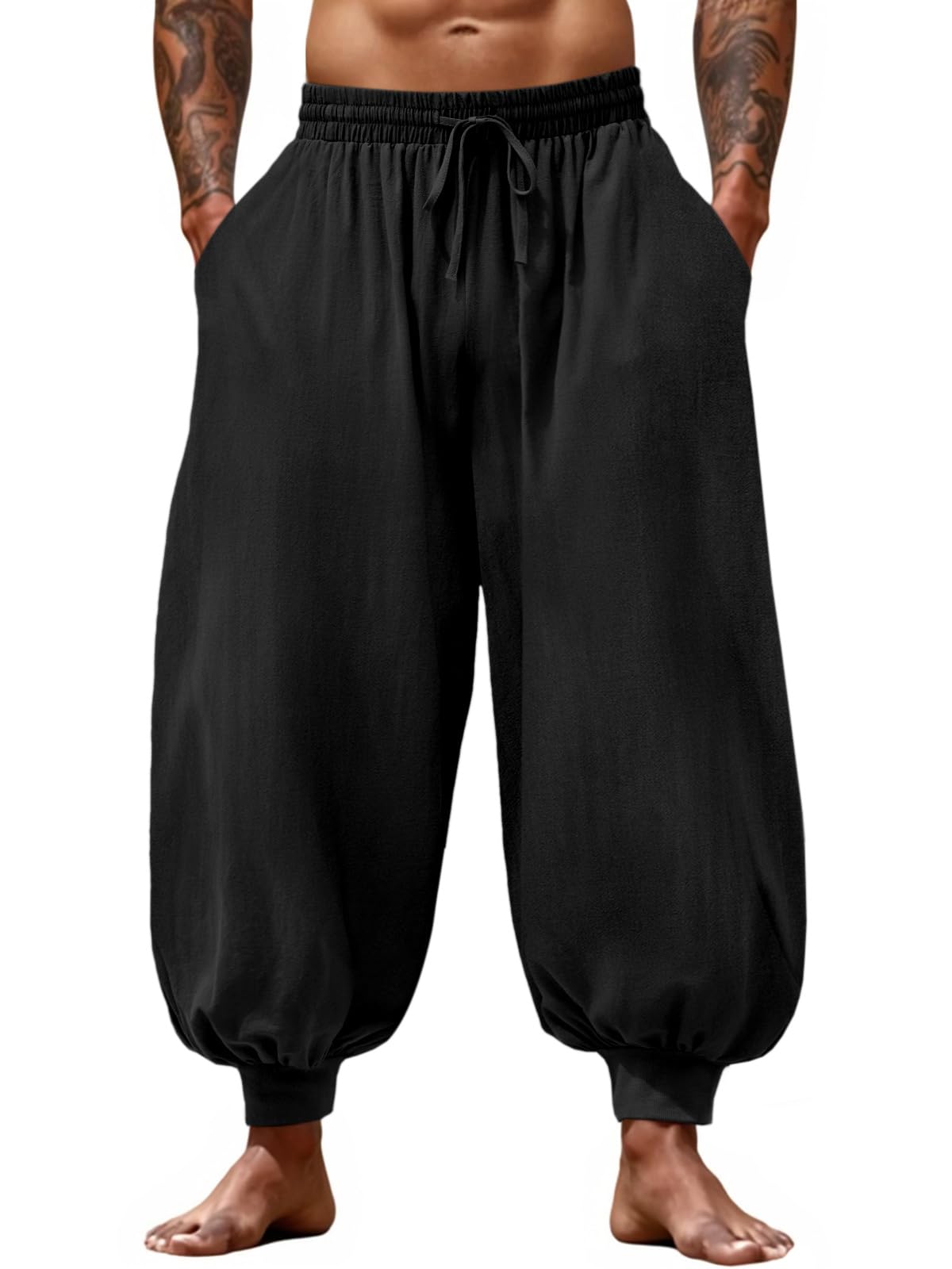 Men's Cotton Linen Harem Pants, Elastic Waist with Drawstring, Loose Casual Trousers for Yoga, Beach and Daily Wea