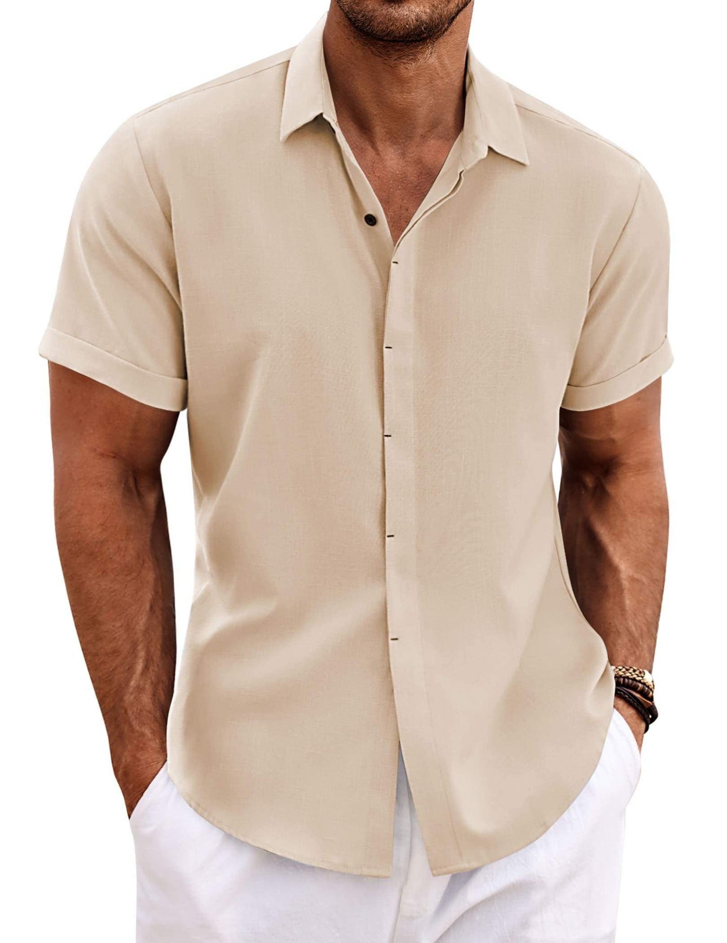 Men's Linen Shirts Short Sleeve Casual Shirts Button Down Shirt for Men Beach Summer Wedding Shirt