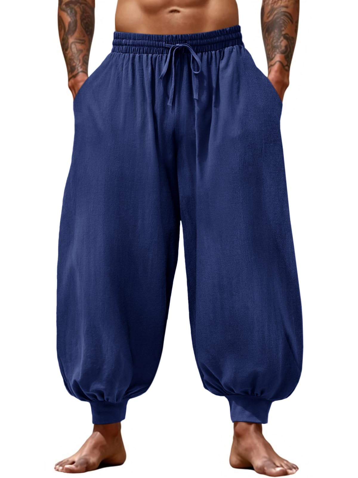 Men's Cotton Linen Harem Pants, Elastic Waist with Drawstring, Loose Casual Trousers for Yoga, Beach and Daily Wea
