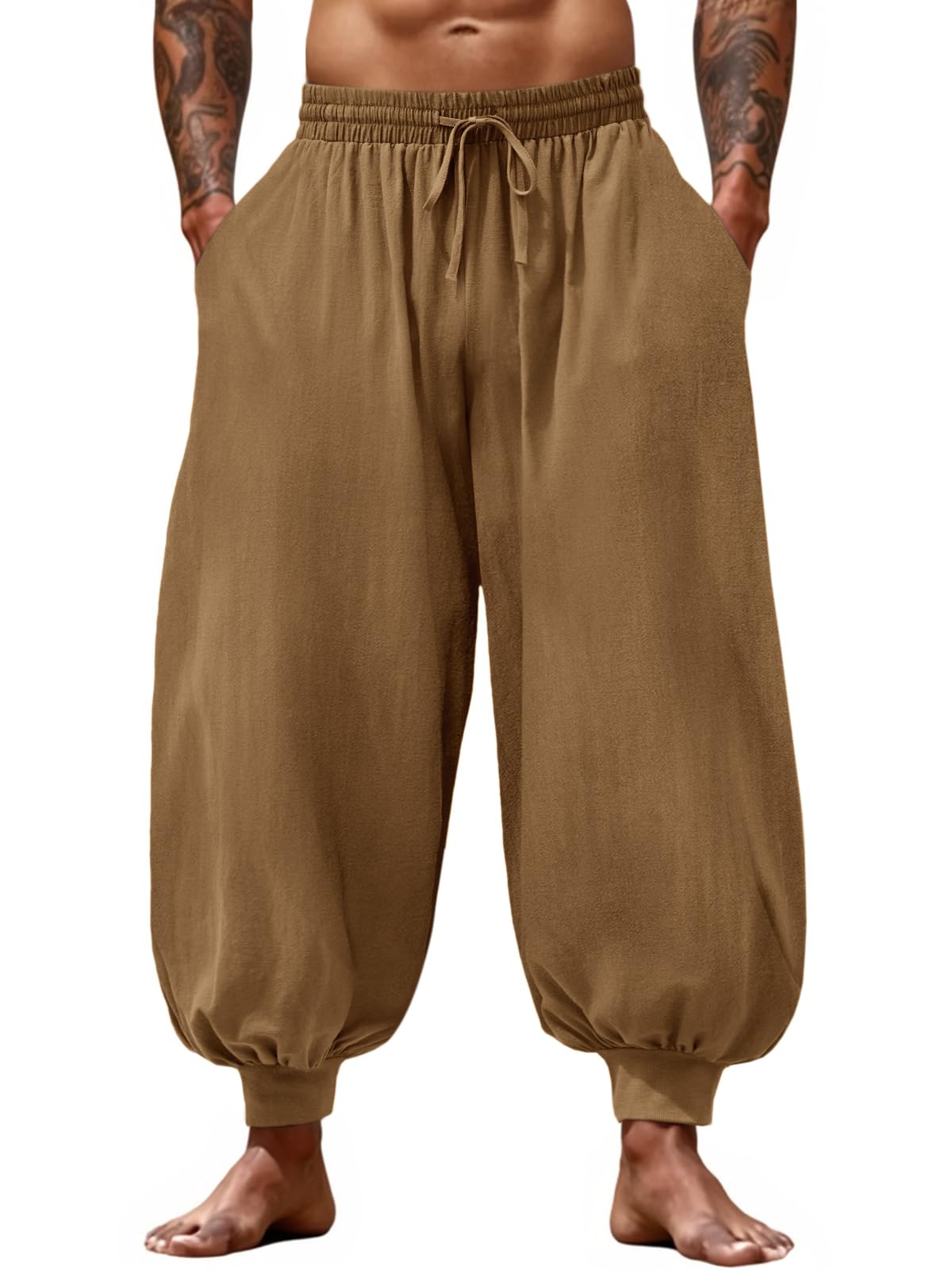 Men's Cotton Linen Harem Pants, Elastic Waist with Drawstring, Loose Casual Trousers for Yoga, Beach and Daily Wea