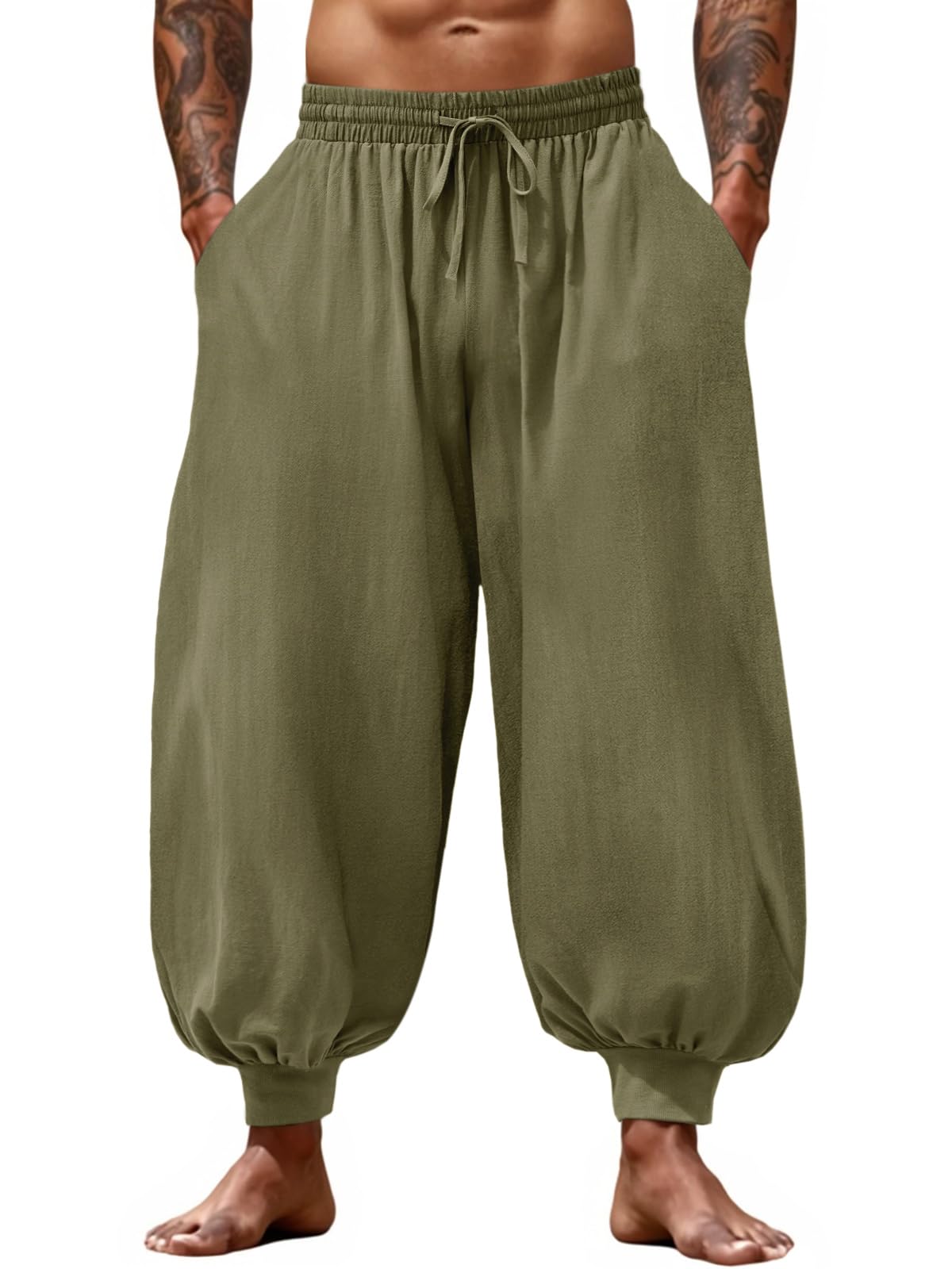 Men's Cotton Linen Harem Pants, Elastic Waist with Drawstring, Loose Casual Trousers for Yoga, Beach and Daily Wea