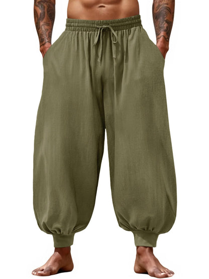 Men's Cotton Linen Harem Pants, Elastic Waist with Drawstring, Loose Casual Trousers for Yoga, Beach and Daily Wea