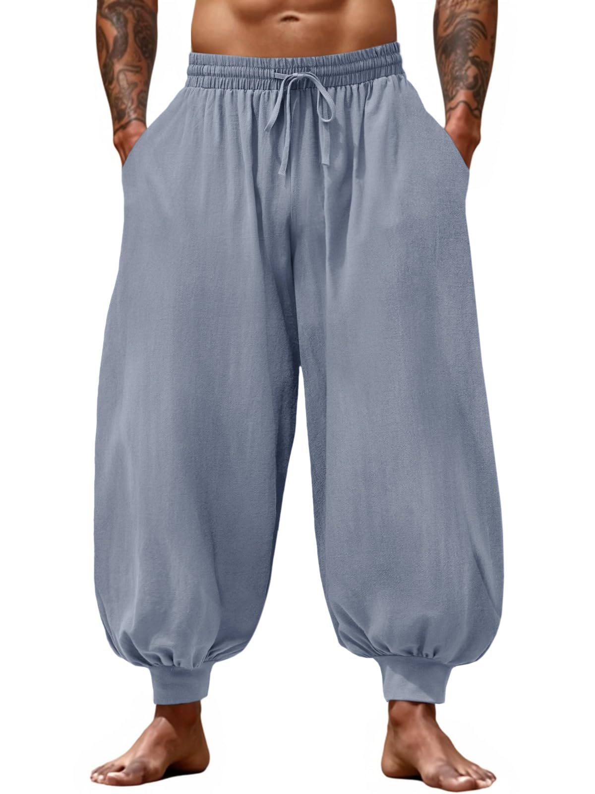 Men's Cotton Linen Harem Pants, Elastic Waist with Drawstring, Loose Casual Trousers for Yoga, Beach and Daily Wea