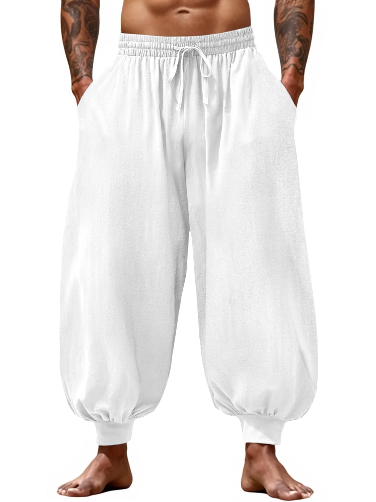 Men's Cotton Linen Harem Pants, Elastic Waist with Drawstring, Loose Casual Trousers for Yoga, Beach and Daily Wea