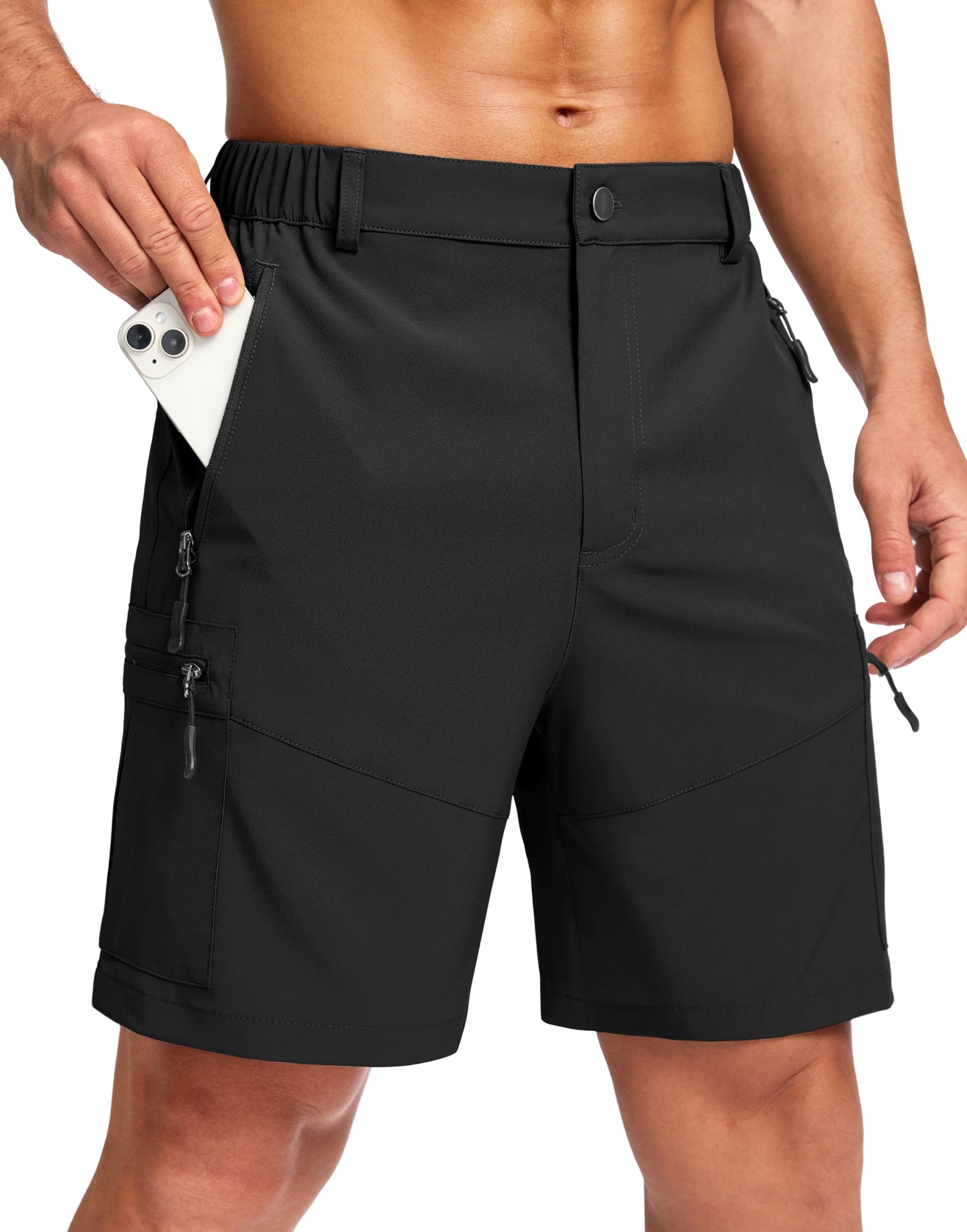 Men's Multi-Pocket Lightweight Outdoor Cargo Shorts, Casual Shorts for Hiking Golf Camping Could you recommend other men's outdoor apparel? Are hooded waterproof jackets available? What features do these hiking cargo shorts have?        What are the advan