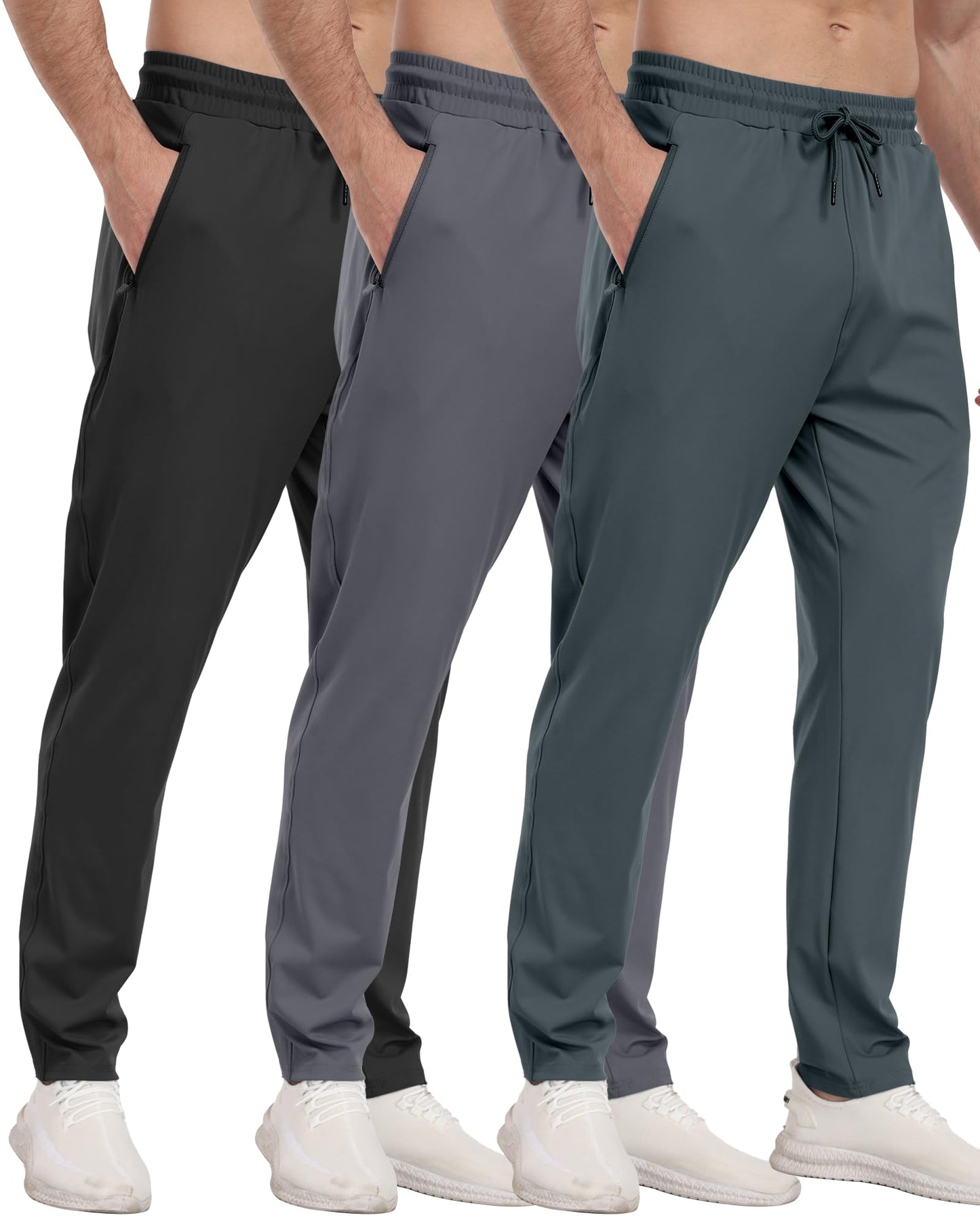 3 Pack Men's Jogger Pants with Zipper Pockets, Casual Sports Trousers for Workout Running