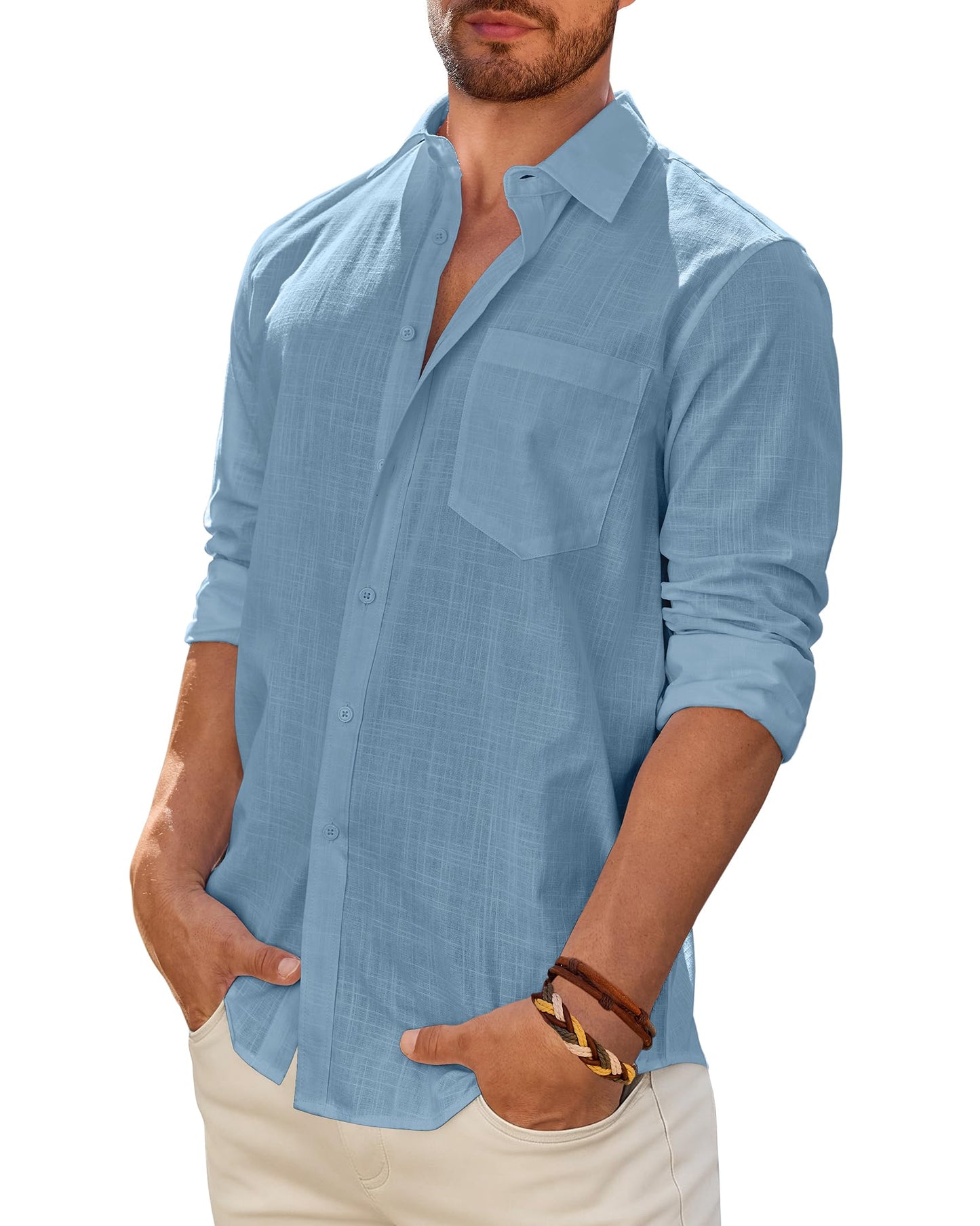 Men's Linen Textured Long Sleeve Shirt, Solid Cotton Regular Fit Button Down Shirt, Casual for Summer, Beach and Wedding Wear