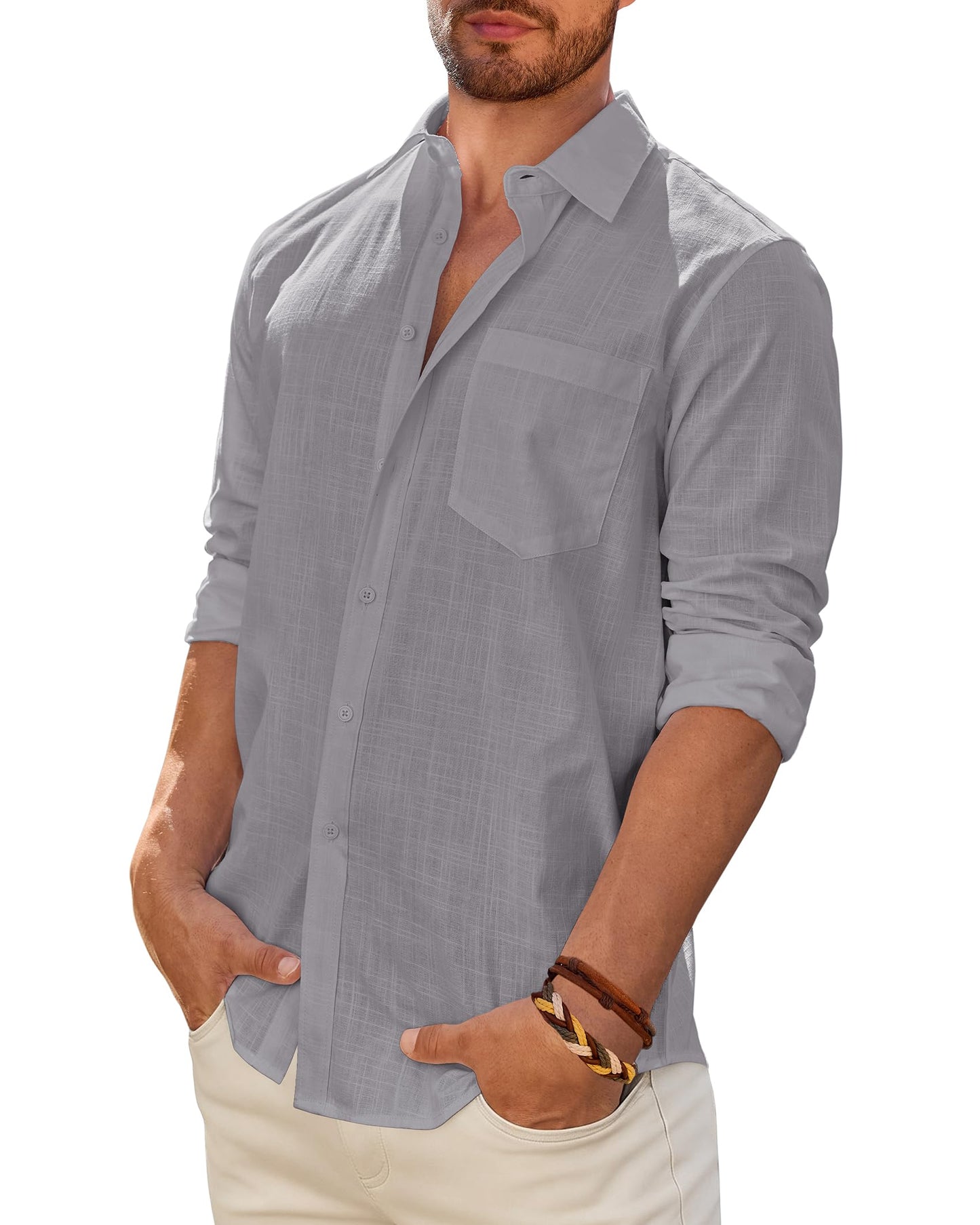 Men's Linen Textured Long Sleeve Shirt, Solid Cotton Regular Fit Button Down Shirt, Casual for Summer, Beach and Wedding Wear