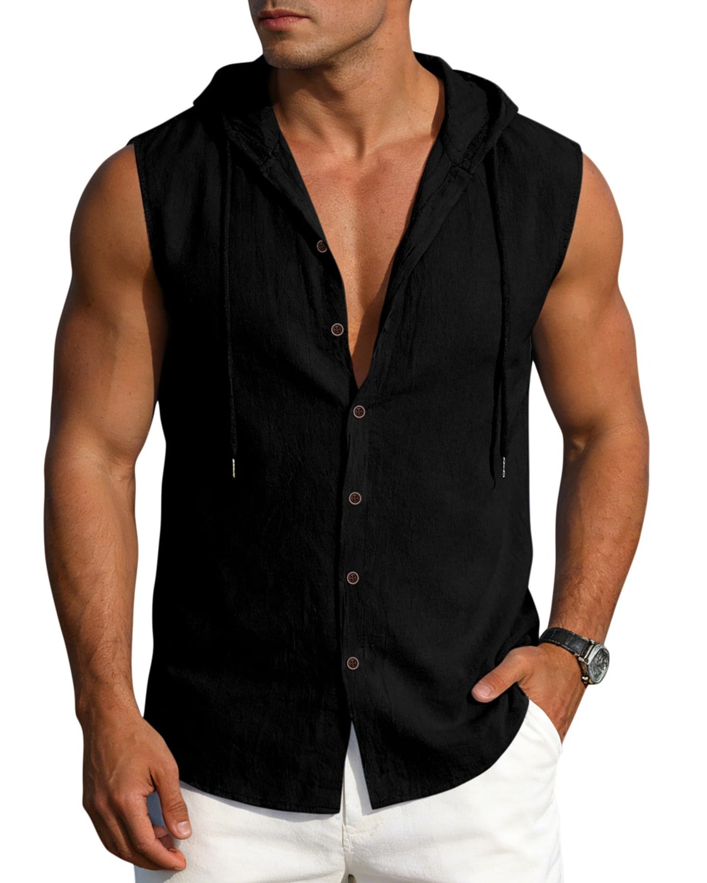 Men's Linen Sleeveless Hooded Button Tank Top, Lightweight Casual Summer Beach Wear