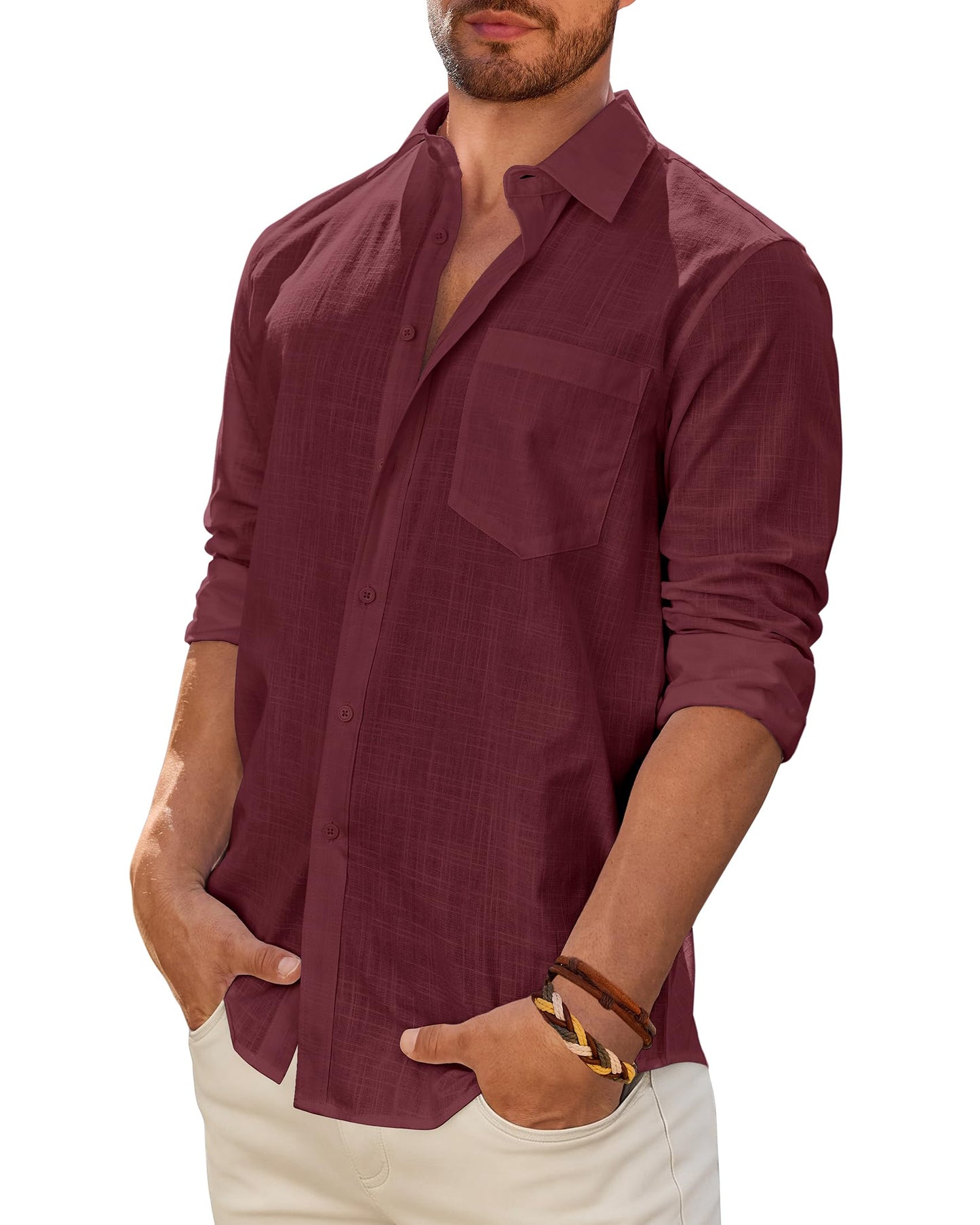 Men's Linen Textured Long Sleeve Shirt, Solid Cotton Regular Fit Button Down Shirt, Casual for Summer, Beach and Wedding Wear