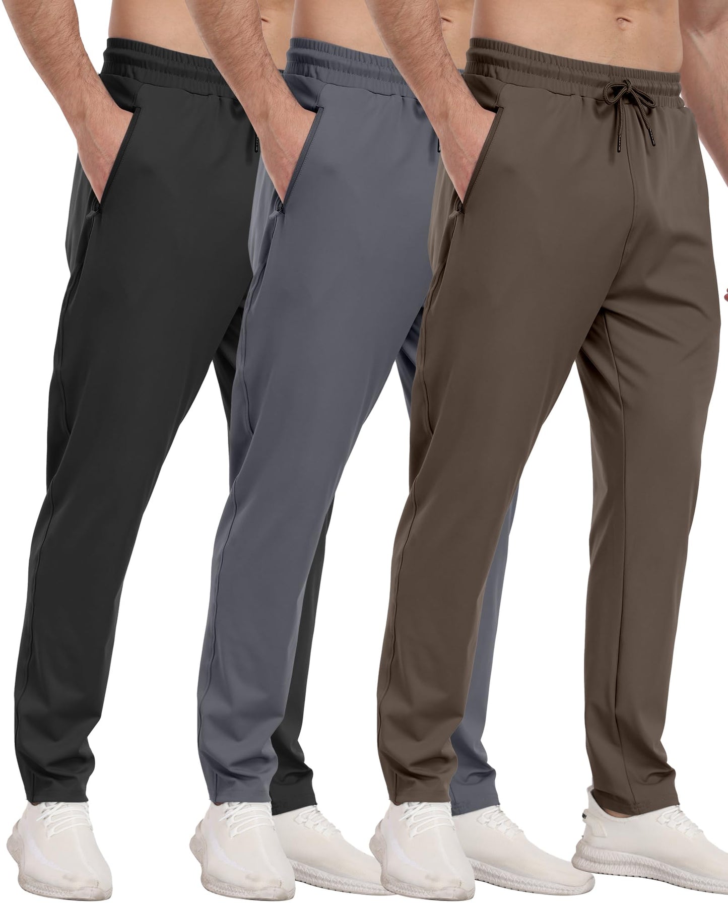 3 Pack Men's Jogger Pants with Zipper Pockets, Casual Sports Trousers for Workout Running