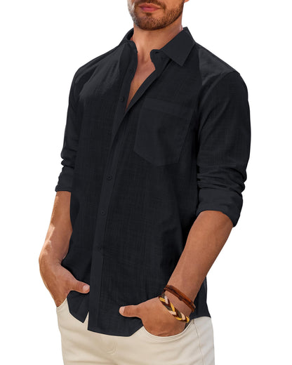 Men's Linen Textured Long Sleeve Shirt, Solid Cotton Regular Fit Button Down Shirt, Casual for Summer, Beach and Wedding Wear