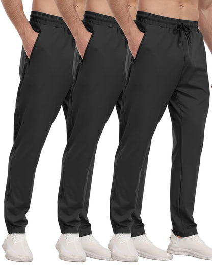 3 Pack Men's Jogger Pants with Zipper Pockets, Casual Sports Trousers for Workout Running