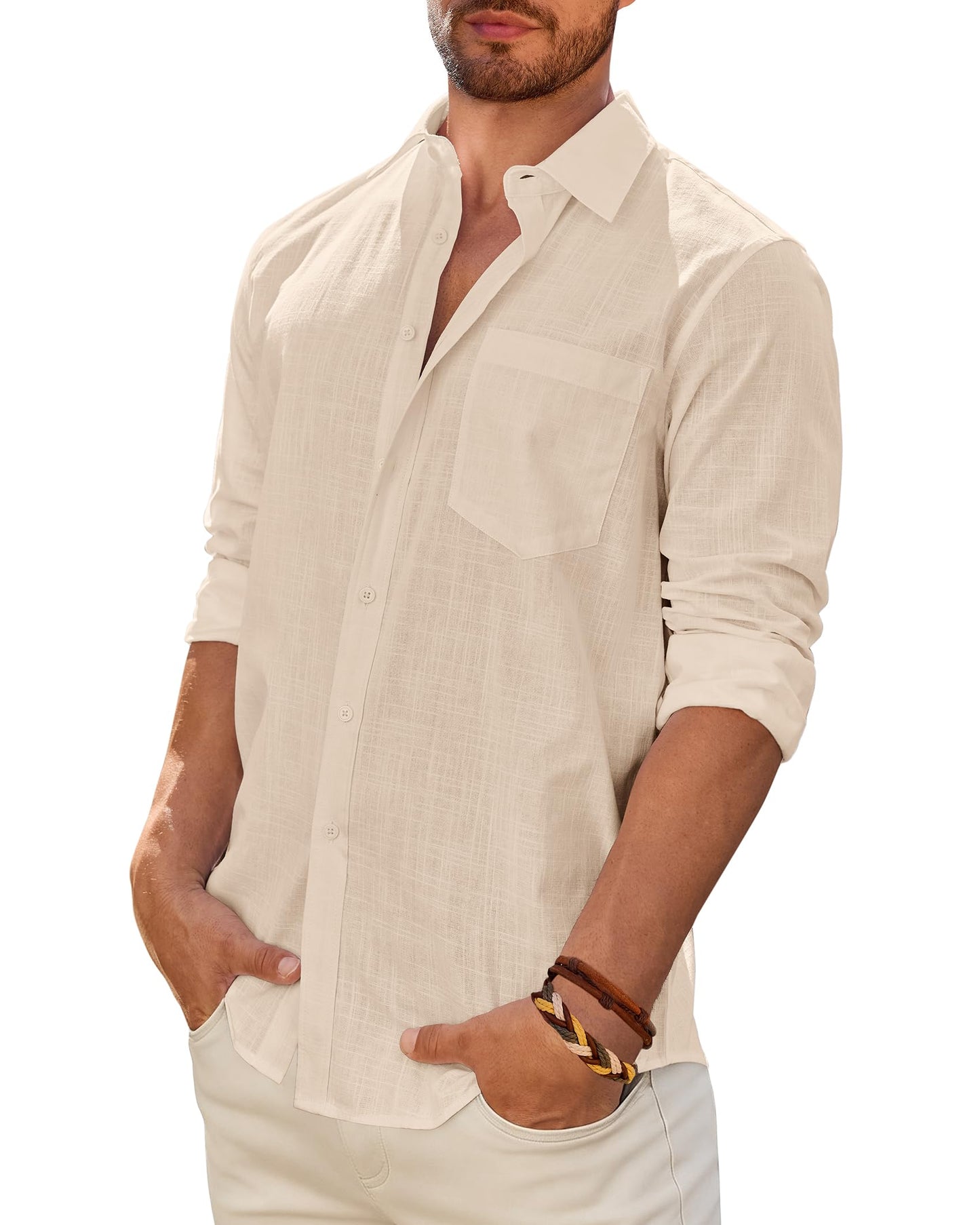 Men's Linen Textured Long Sleeve Shirt, Solid Cotton Regular Fit Button Down Shirt, Casual for Summer, Beach and Wedding Wear