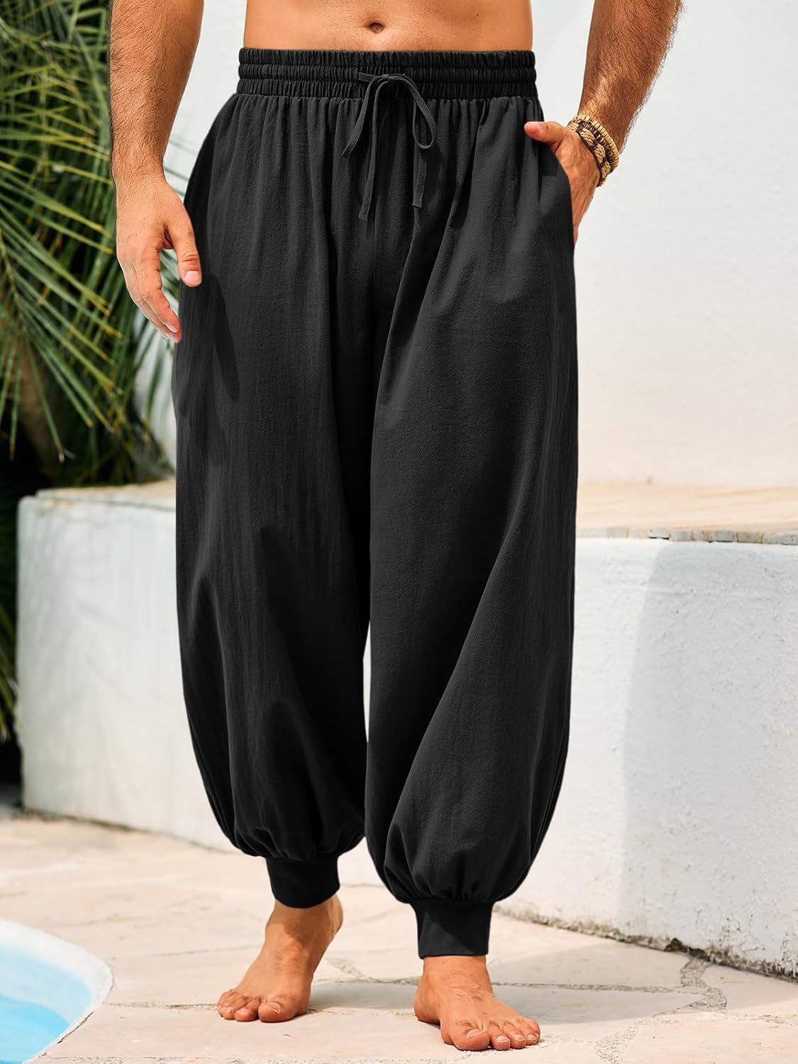 Men's Cotton Linen Harem Pants, Elastic Waist with Drawstring, Loose Casual Trousers for Yoga, Beach and Daily Wea