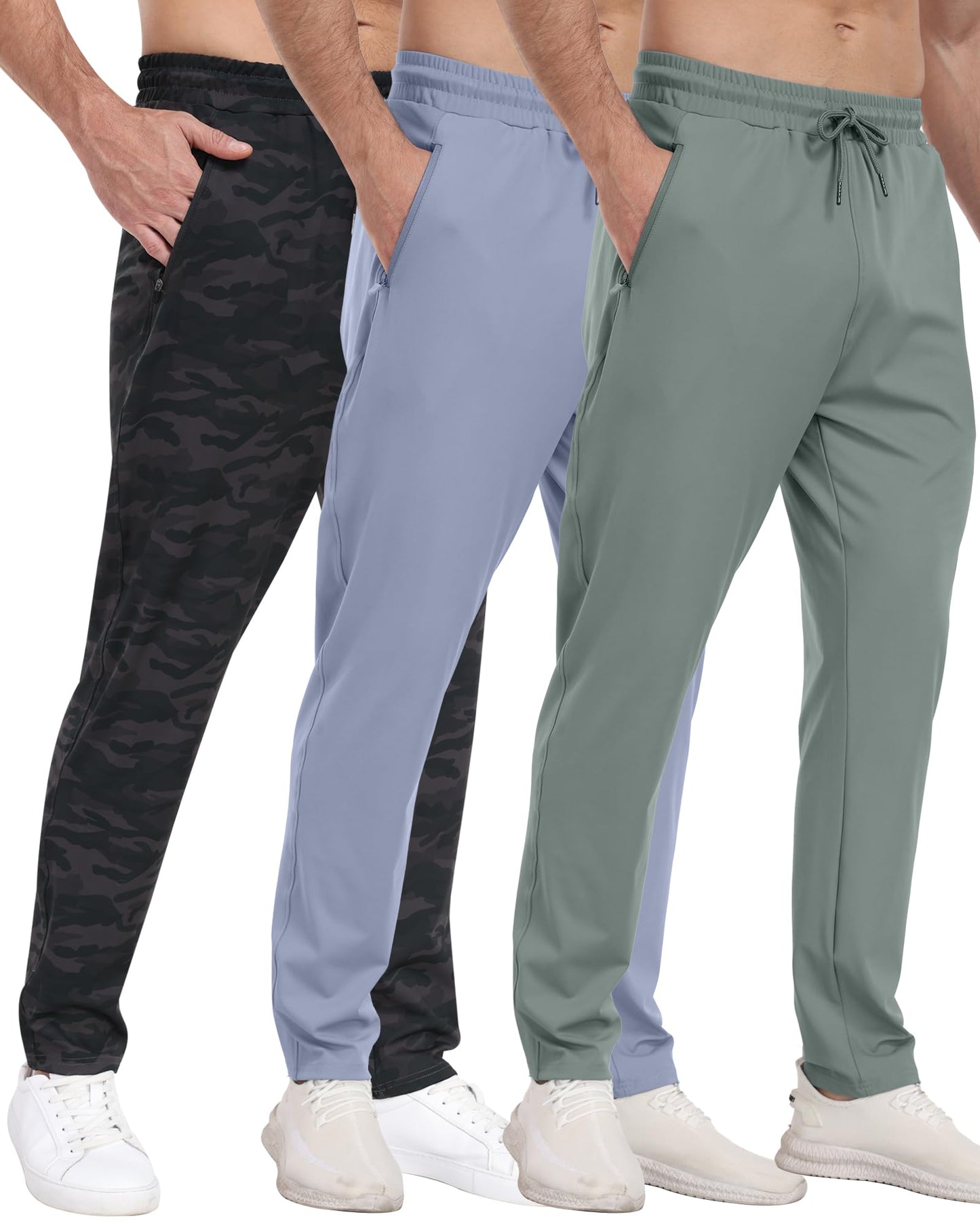 3 Pack Men's Jogger Pants with Zipper Pockets, Casual Sports Trousers for Workout Running