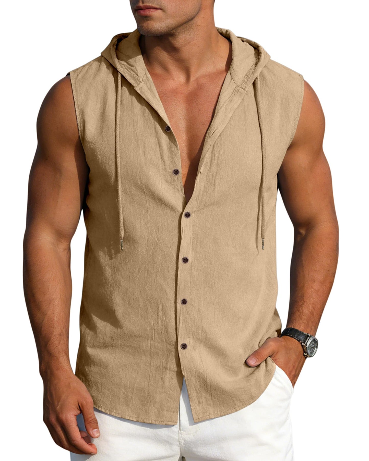 Men's Linen Sleeveless Hooded Button Tank Top, Lightweight Casual Summer Beach Wear