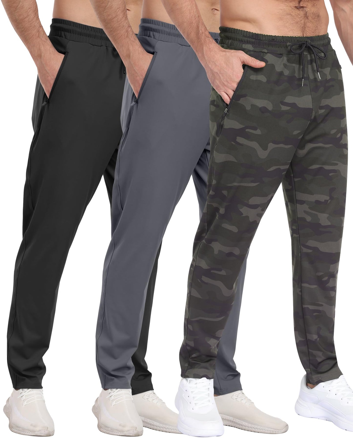 3 Pack Men's Jogger Pants with Zipper Pockets, Casual Sports Trousers for Workout Running