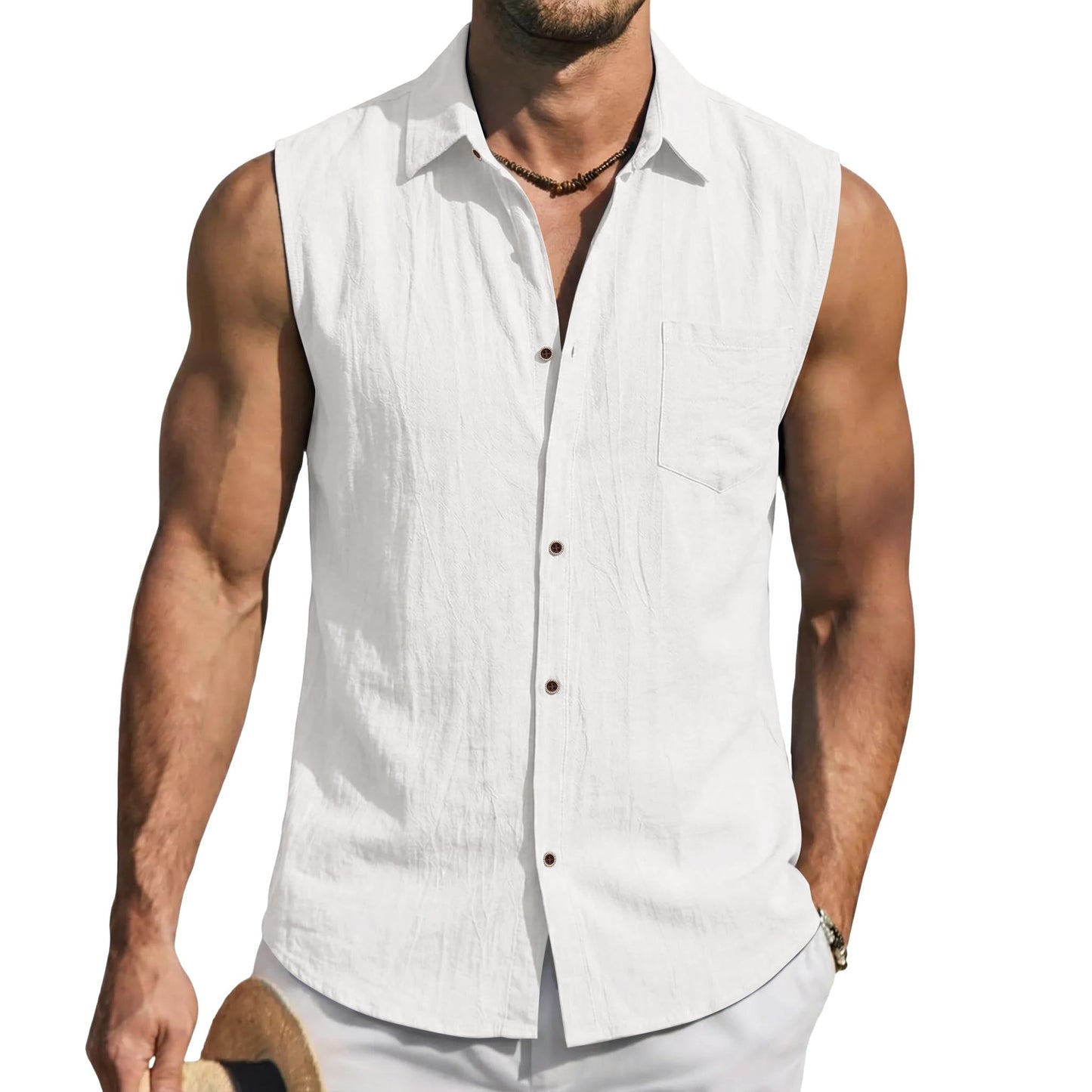 Men's Linen Sleeveless Hooded Button Tank Top, Lightweight Casual Summer Beach Wear