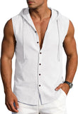 Men's Linen Sleeveless Hooded Button Tank Top, Lightweight Casual Summer Beach Wear