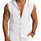 Men's Linen Sleeveless Hooded Button Tank Top, Lightweight Casual Summer Beach Wear
