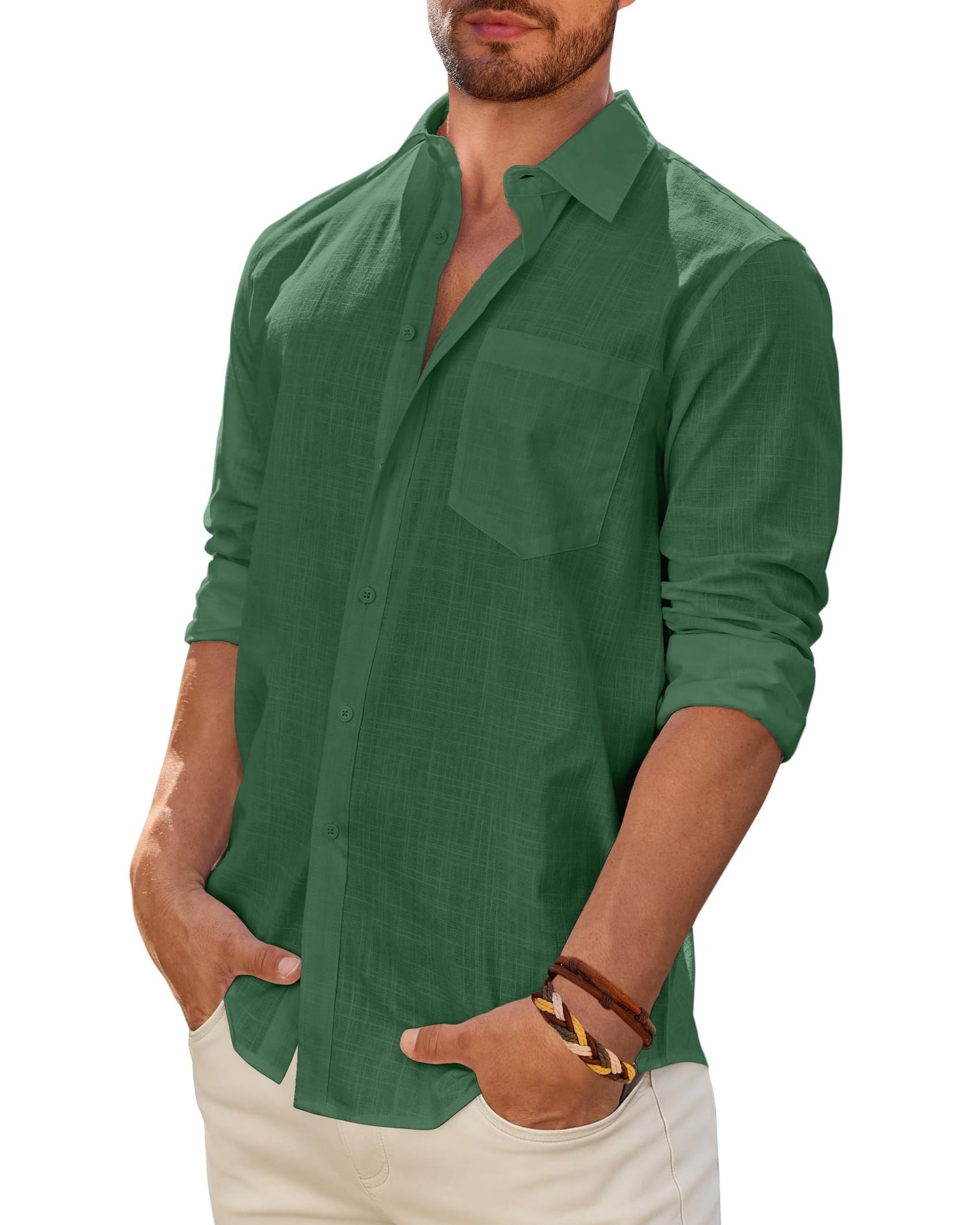 Men's Linen Textured Long Sleeve Shirt, Solid Cotton Regular Fit Button Down Shirt, Casual for Summer, Beach and Wedding Wear