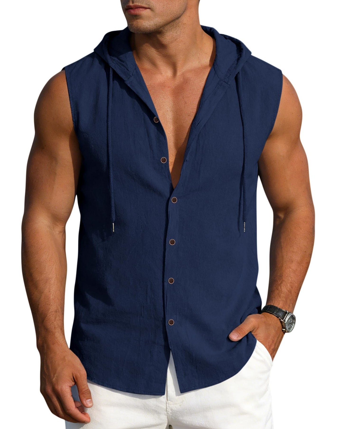 Men's Linen Sleeveless Hooded Button Tank Top, Lightweight Casual Summer Beach Wear