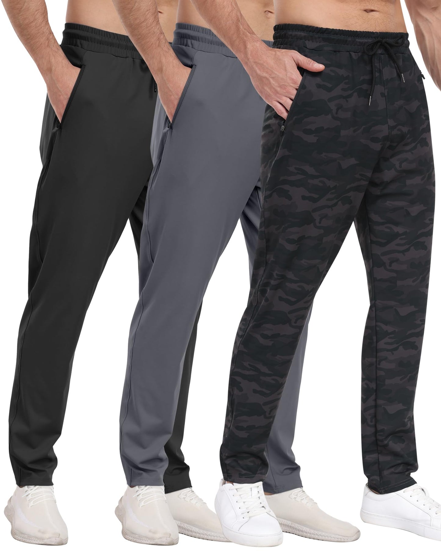 3 Pack Men's Jogger Pants with Zipper Pockets, Casual Sports Trousers for Workout Running