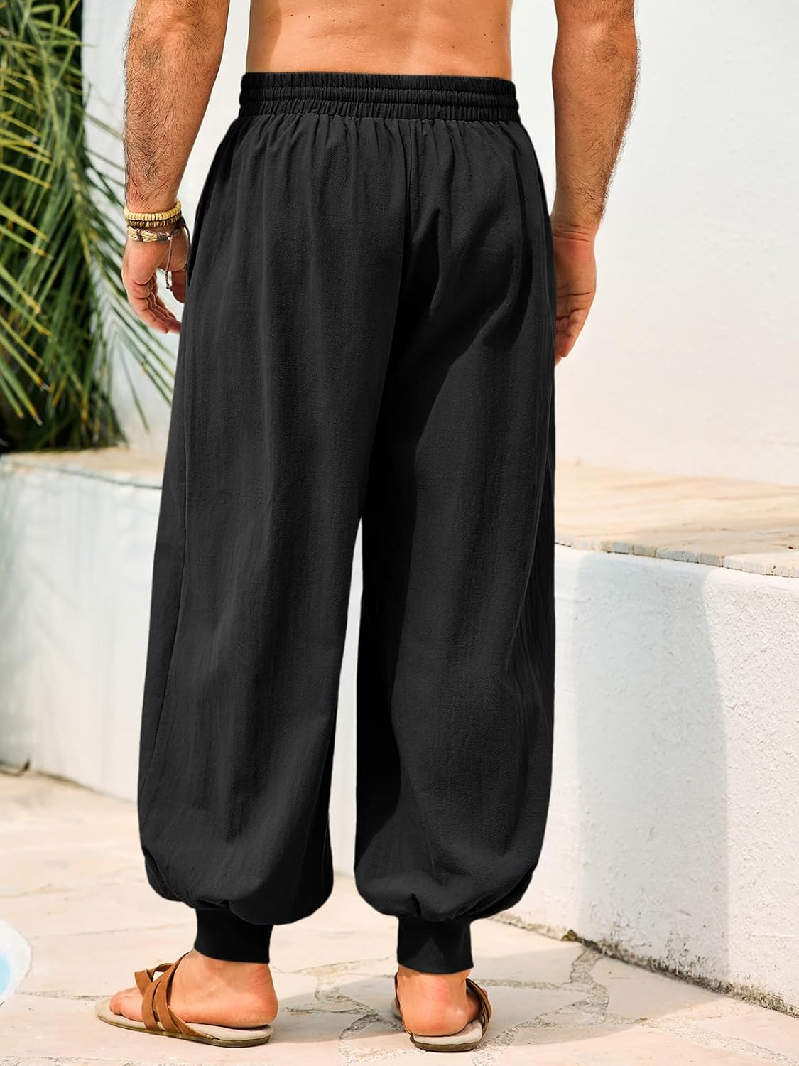 Men's Cotton Linen Harem Pants, Elastic Waist with Drawstring, Loose Casual Trousers for Yoga, Beach and Daily Wea