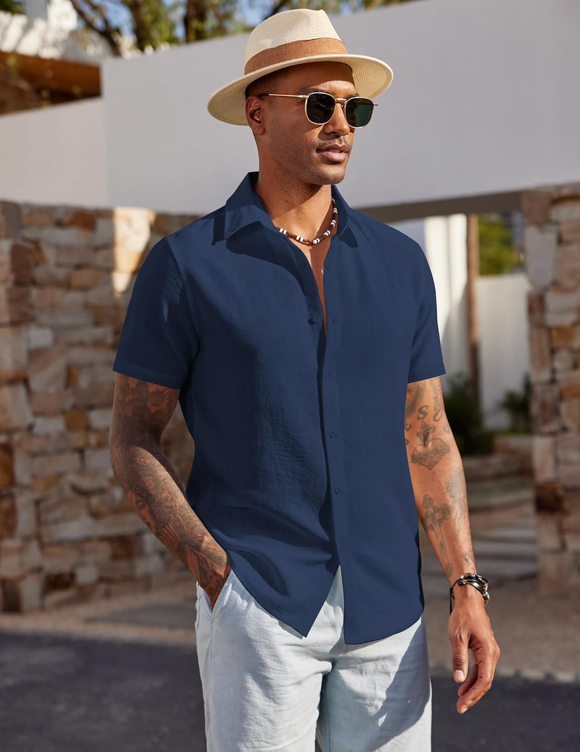 Men's Short Sleeve Button Down Casual Shirt, Lightweight Summer Shirts for Beach, Wedding, Vacation