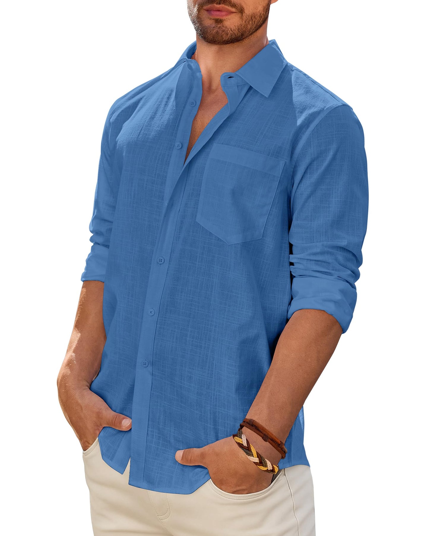 Men's Linen Textured Long Sleeve Shirt, Solid Cotton Regular Fit Button Down Shirt, Casual for Summer, Beach and Wedding Wear