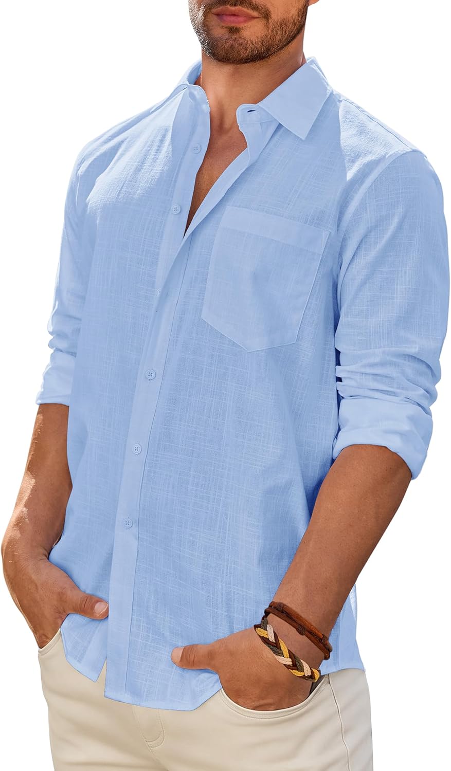 Men's Linen Textured Long Sleeve Shirt, Solid Cotton Regular Fit Button Down Shirt, Casual for Summer, Beach and Wedding Wear