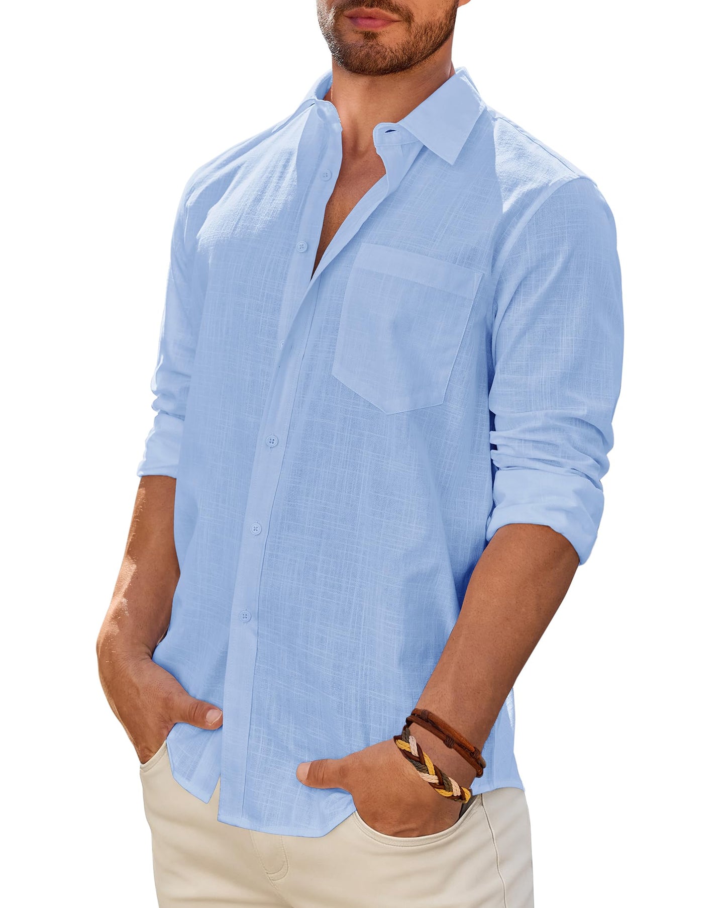Men's Linen Textured Long Sleeve Shirt, Solid Cotton Regular Fit Button Down Shirt, Casual for Summer, Beach and Wedding Wear