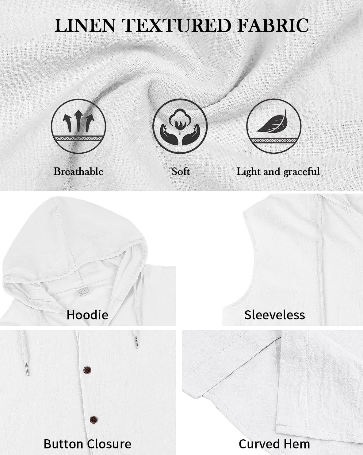Men's Linen Sleeveless Hooded Button Tank Top, Lightweight Casual Summer Beach Wear