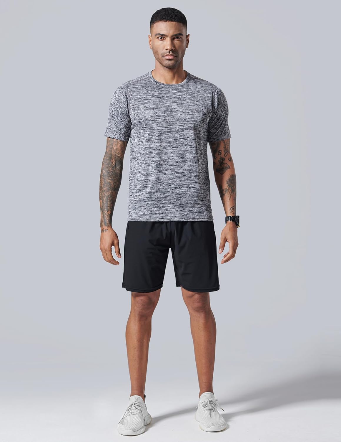 5 Pack Men's Quick Dry Crew Neck Short Sleeve Tops, Casual Sports Tees for Fitness Running        Can you recommend some other activewear items for men? Do you have any suggestions for men's workout shoes to go with these tops? Are there any specific