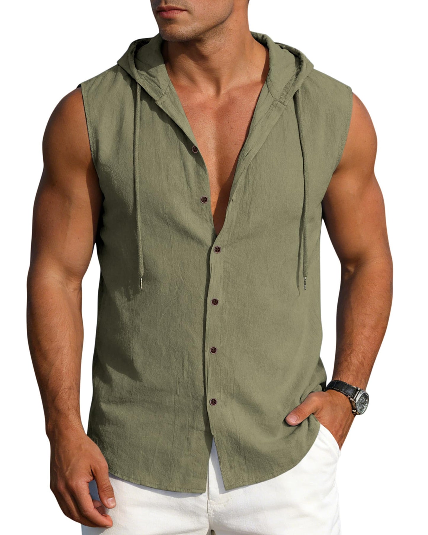 Men's Linen Sleeveless Hooded Button Tank Top, Lightweight Casual Summer Beach Wear