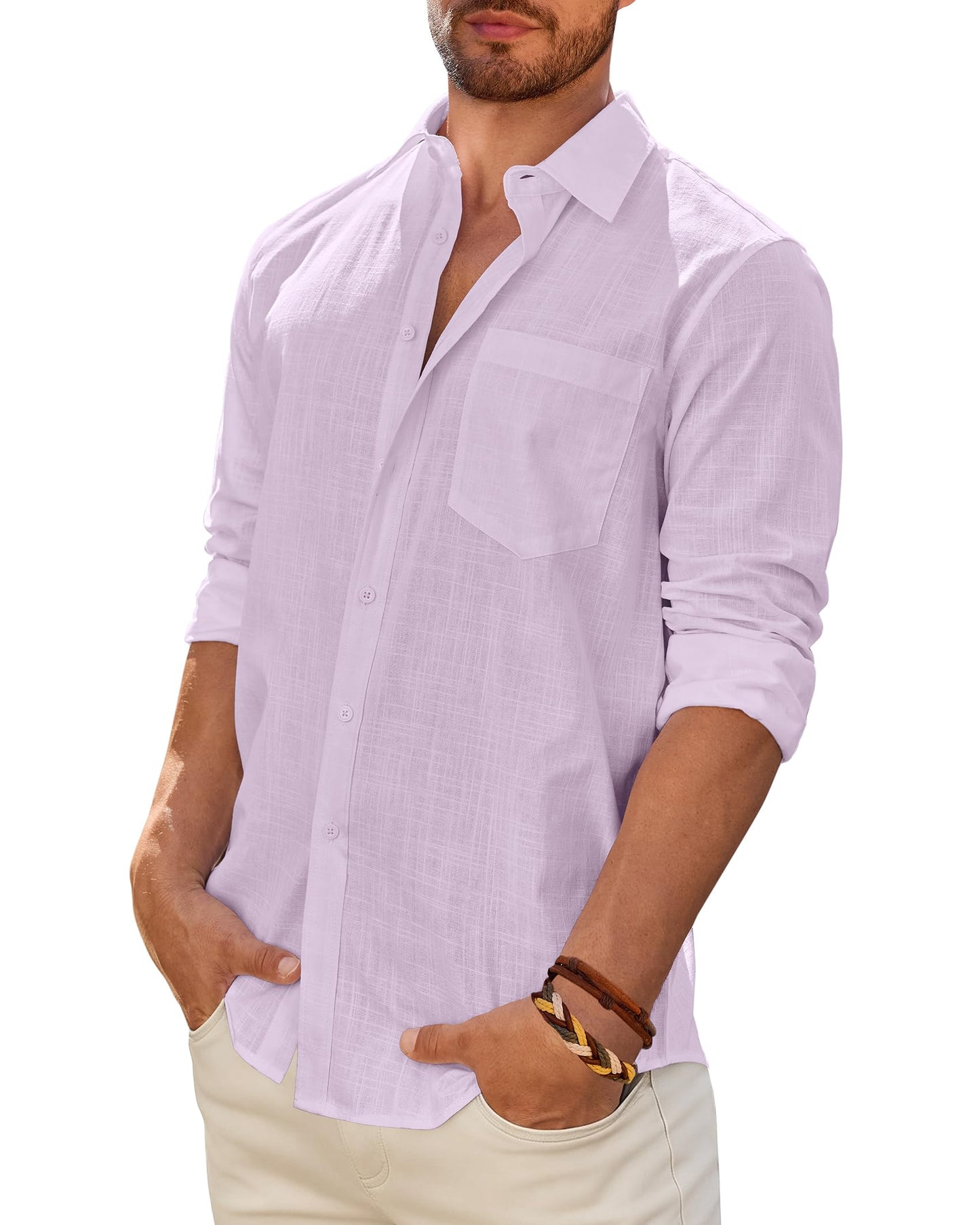 Men's Linen Textured Long Sleeve Shirt, Solid Cotton Regular Fit Button Down Shirt, Casual for Summer, Beach and Wedding Wear