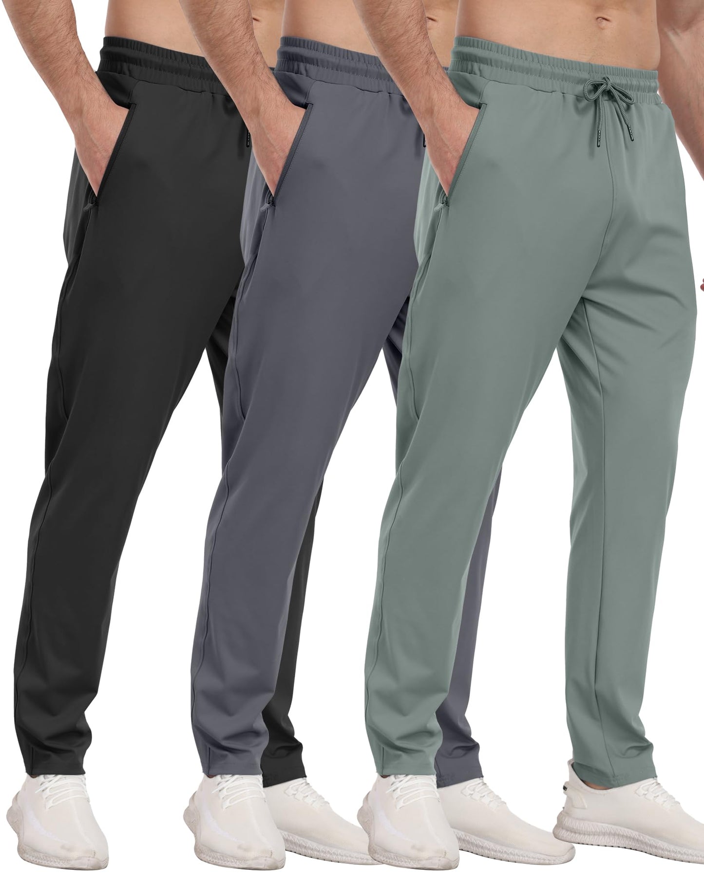 3 Pack Men's Jogger Pants with Zipper Pockets, Casual Sports Trousers for Workout Running