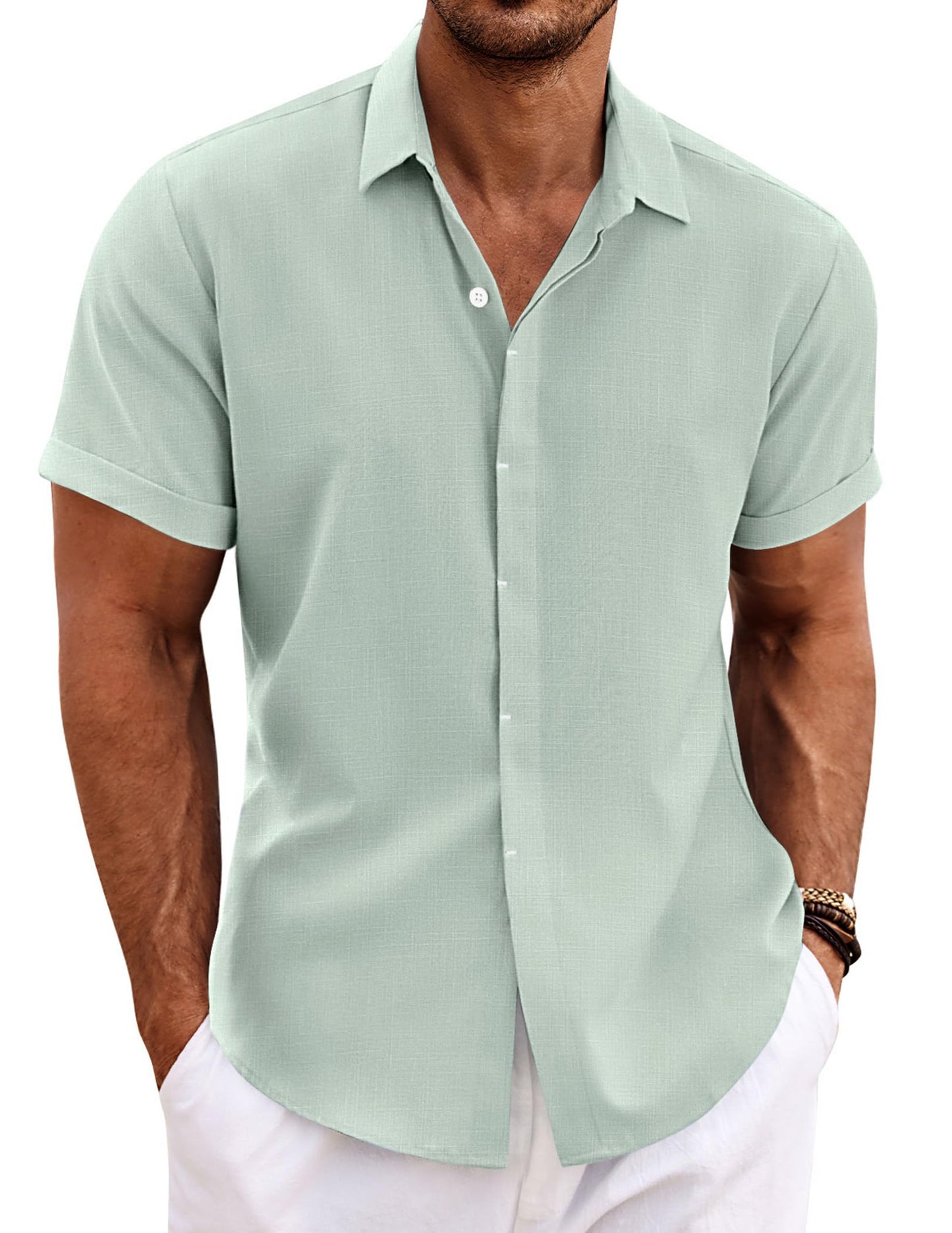 Men's Linen Shirts Short Sleeve Casual Shirts Button Down Shirt for Men Beach Summer Wedding Shirt