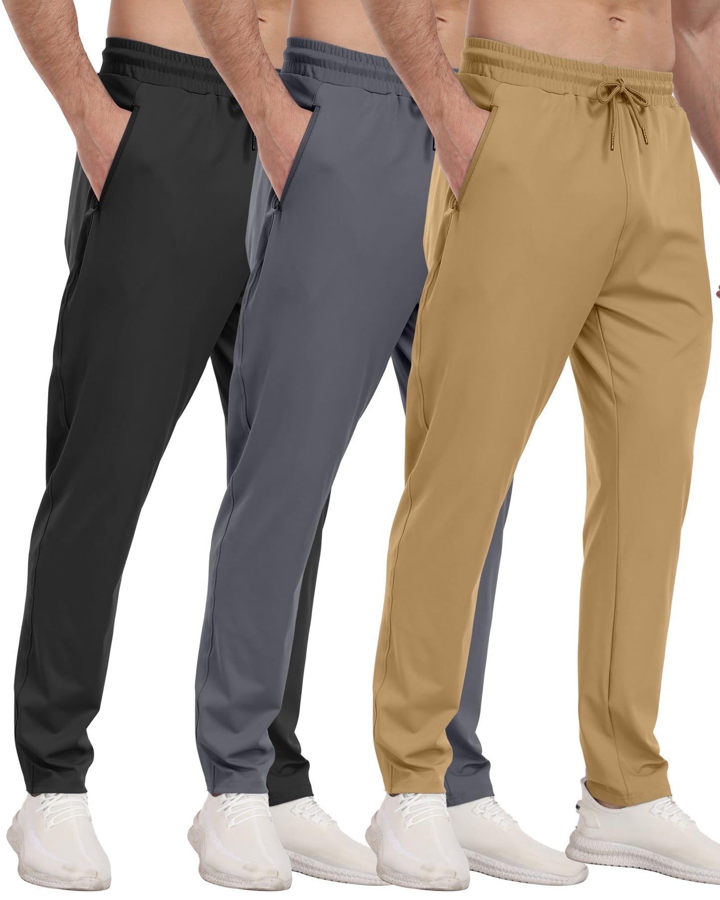 3 Pack Men's Jogger Pants with Zipper Pockets, Casual Sports Trousers for Workout Running