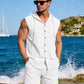 Men's Linen Sleeveless Hooded Button Tank Top, Lightweight Casual Summer Beach Wear