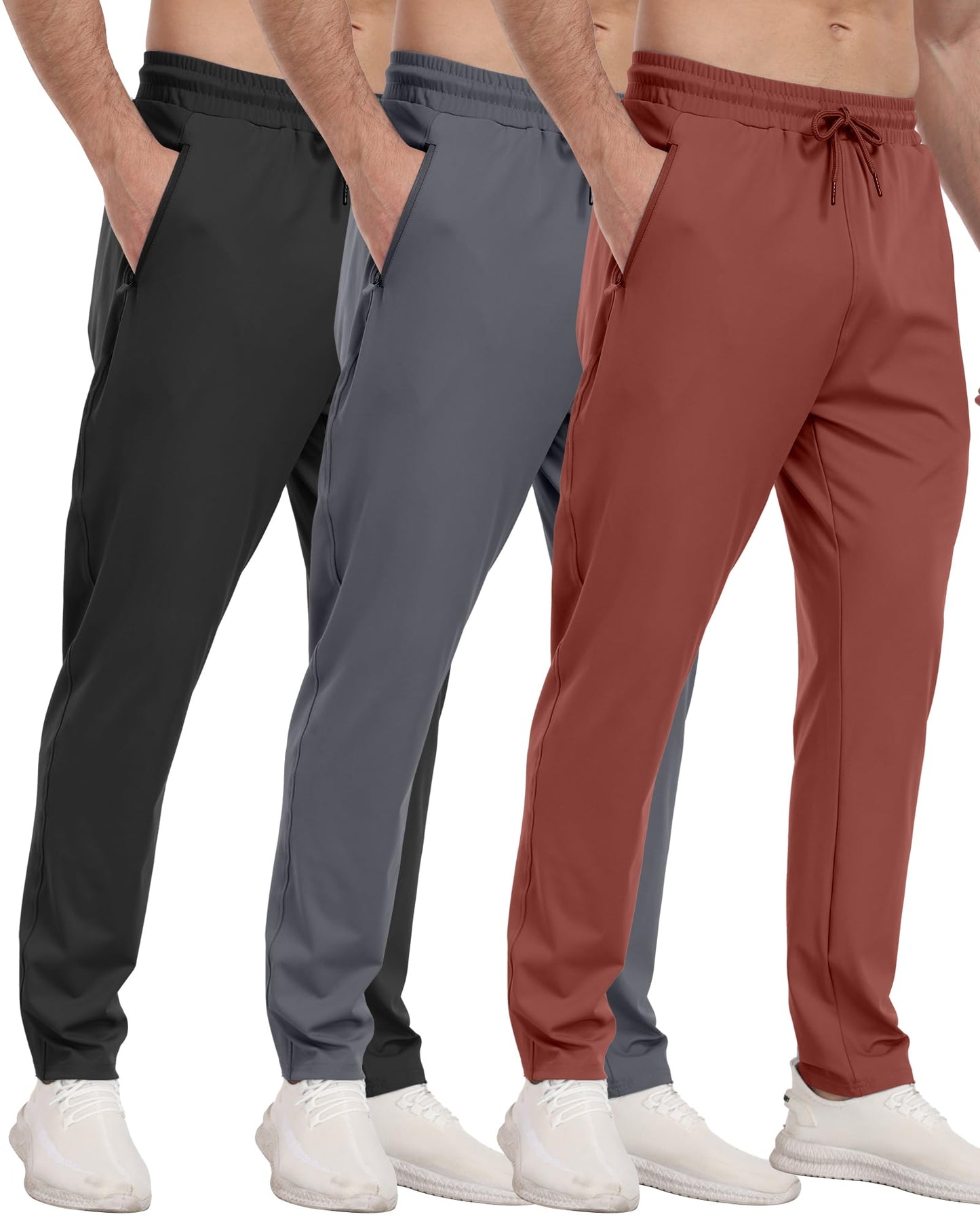 3 Pack Men's Jogger Pants with Zipper Pockets, Casual Sports Trousers for Workout Running